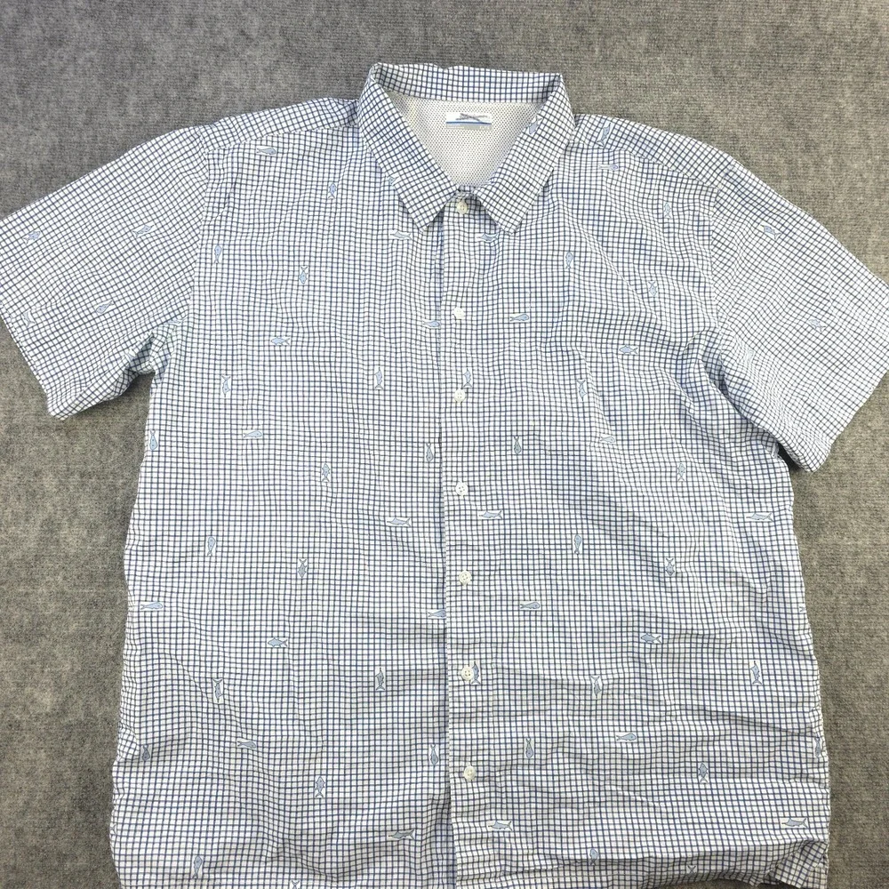 Columbia Pfg Shirt XL Shark Print Blue Check Vented Short Sleeve Fishing Button - Picture 2 of 8